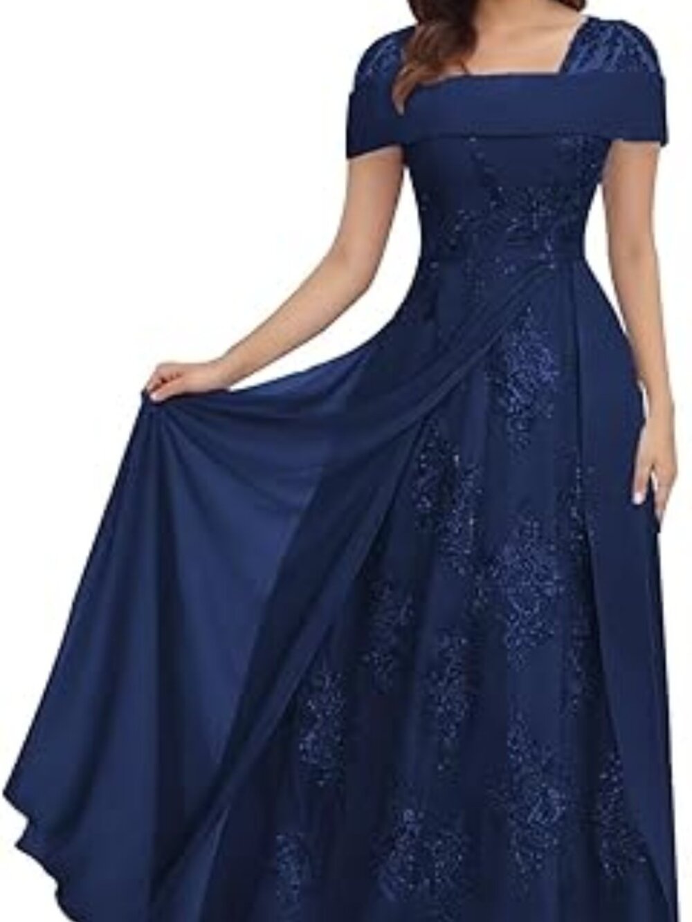Navy Off-Shoulder Lace Applique Wedding Guest Gown